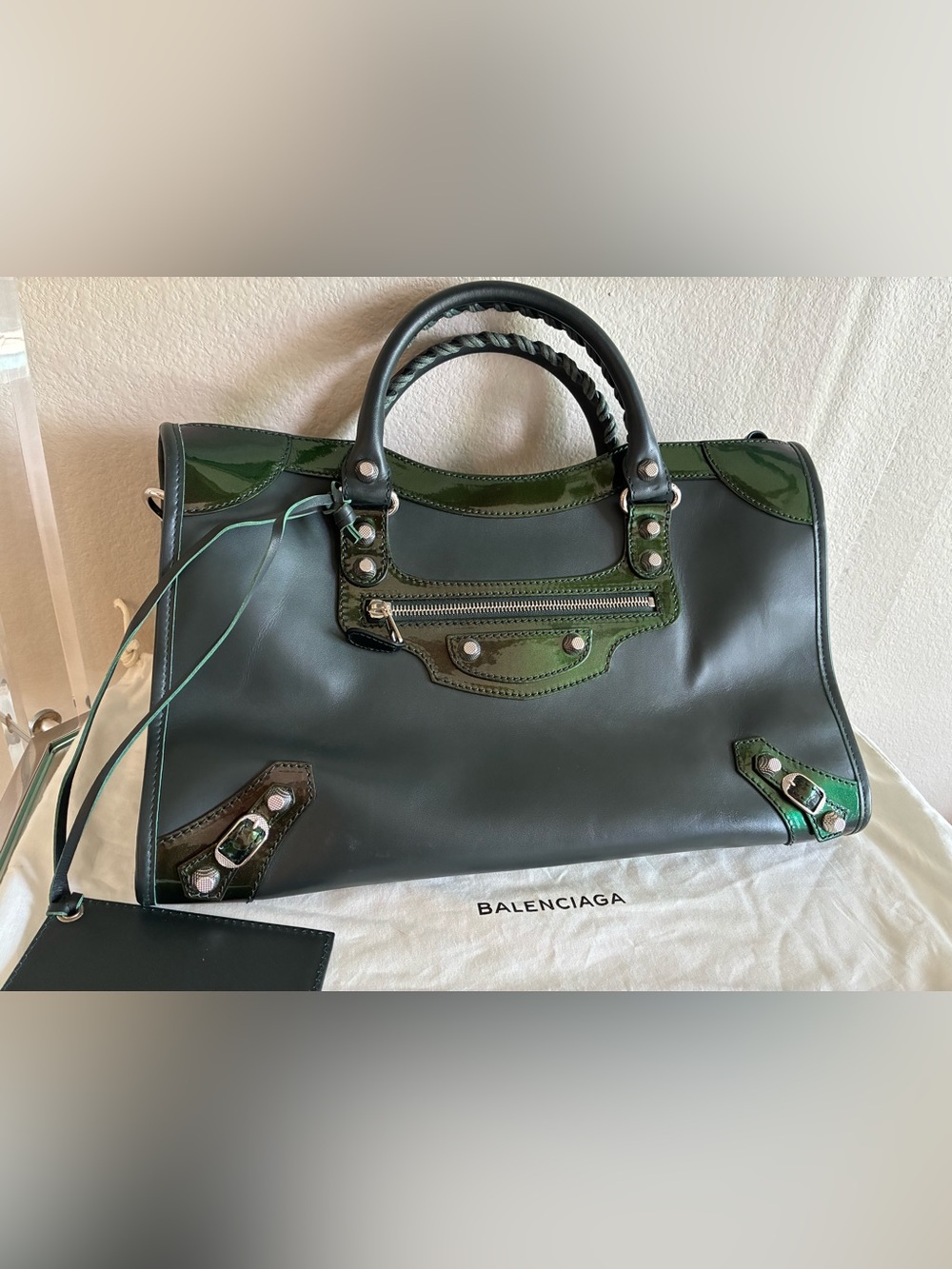 Balenciaga Medium Leather Le City Moto Bag - Green Patent Trim